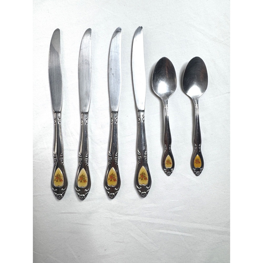 Customcraft Stainless Flatware 6pc 4 Knives 2 Spoons Floral Heart Taiwan Replace